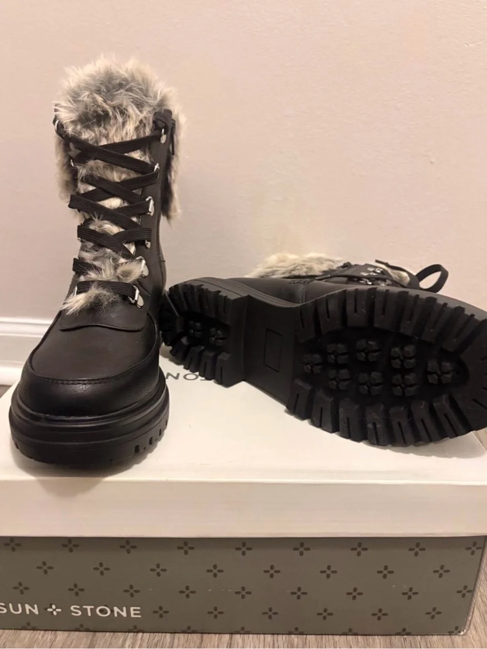 Sun + Stone Black Winter Lace-Up Boots with Gray Faux Fur Trim